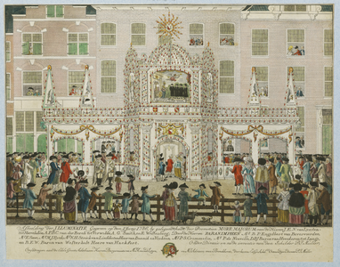 32422 Afbeelding van het met vetpotjes verlichte feestgebouw, opgericht vóór het logement Het Nieuw Kasteel van ...